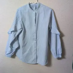 GU 水色 ストライプ フリル袖 長袖シャツ