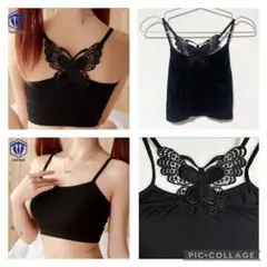 【美品⟡】バタフライ ショート丈 キャミ✩ブラック FREEサイズ