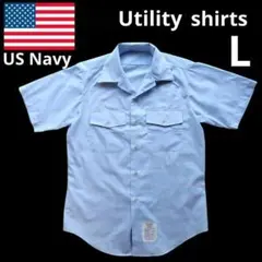 ✨実物✨アメリカ軍★US NAVY★ユーティリティシャツ★半袖★L★ブルーのサムネイル