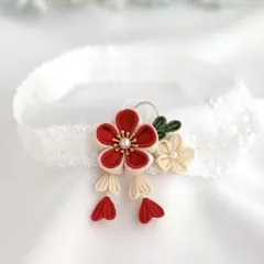 つまみ細工のベビーヘアバンド　赤ちゃん髪飾り　お宮参り・お食い初め　赤色