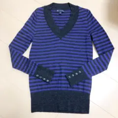 （送料込み）GAP Vネック 長袖 薄手セーター 黒と紫の細かいボーダー