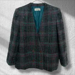 ♢バンベール　ノーカラージャケット チェック　マルチカラー　ウール　XL