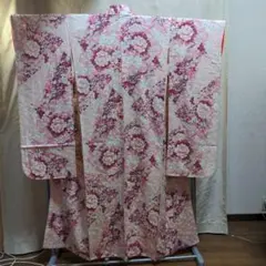 A　振袖　総柄　薄いピンク　牡丹　薔薇　成人式　卒業式　着物　和服　和装　和風
