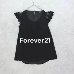 フォーエバー21◇エンブロイダリー刺繍レース袖ブラウス M ブラック 透け感 夏のサムネイル