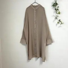 GU シアーバンドカラーチュニックシャツ M ベージュ 長袖 透け感 ゆったり