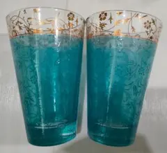 水色＆ゴールド　花柄　ガラスコップ 2個セット
