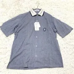 【新品】HOMME-LIBRE ストライプシャツ 半袖 刺繍 ネイビー ホワイト