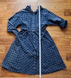チェック柄ワンピース 膝丈 長袖 襟付き 前ボタン ウエストゴムブルーLLサイズ