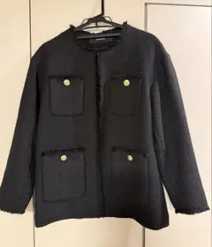 BARNEYS NEWYORK 綿混 ノーカラーツイードジャケット 金ボタン 黒