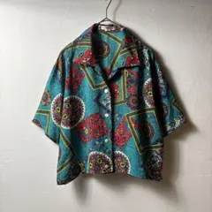 レトロ　エキゾチック　幾何学模様　総柄　ターコイズブルー　ヴィンテージ　古着