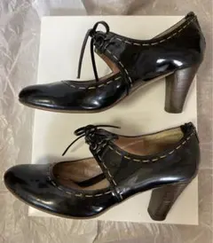 最終値下げ used 銀座かねまつ エナメル パンプス ブラック　ミススレンダー