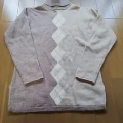 アーガイル柄 ベージュ ニットセーター　チュニック丈
