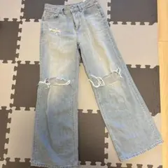 GU ワイドレッグデニムパンツ ライトブルー ダメージ加工