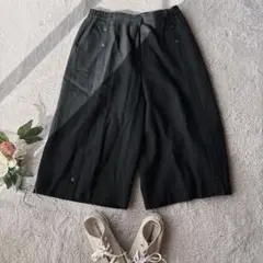 毛100%(XL)クロップド丈ワイドパンツ/日本製/ウエストサイドゴム/黒