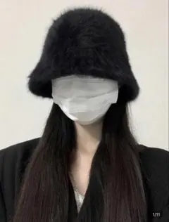 SHEIN ファーバケットハット 黒 55-60cm