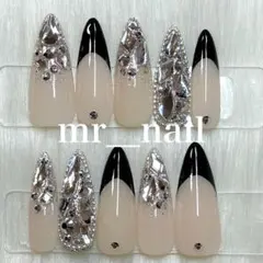 ネイルチップ　韓国　ワンホン　ちゅるん　フレンチ　ラメグラ　キラキラ　ブラック