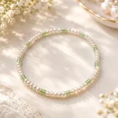 パール風×グリーンビーズ ブレスレット ハンドメイド
