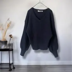 ミスティウーマン◎ワッフル編みＶネックニットセーター　ネイビー　フリーサイズ