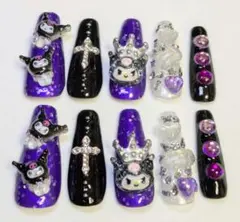 クロミゴシックデザイン ネイルチップ 12個セット 紫　黒　地雷系