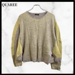 クオリー QUAREE 長袖ニット グレー×イエロー プレートロゴ付き Lサイズ