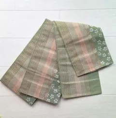 本場筑前博多織　小袋帯　半幅帯　花柄　ストライプ　緑　正絹