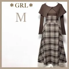 ＊GRL＊チェック柄ビッグカラーフレアワンピース ドッキングワンピース 切り替え