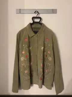 ヴィンテージ　スエード　レザー　ジャケット花柄刺繍オリーブグリーン