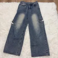 VETEMENTS ダメージ加工 ワイドデニムパンツ インディゴブルー ダメージ加工 インディゴブルー ワイドレッグパンツ - メルカリ