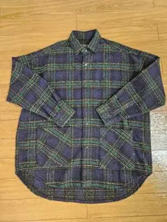 ネイビーグリーンチェック ツイードシャツ メンズ