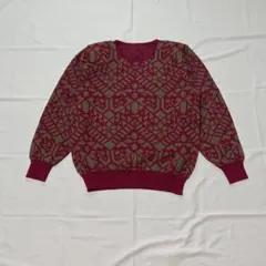 90s 레트로 幾何学 総柄 ニット セーター ボルドー アクリル ウール