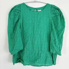 a.new day グリーン 五分袖 M パフスリーブ エンブロイダリーレース