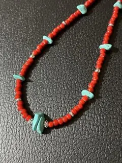 ホワイトハーツネックレス濃赤60cm ターコイズ　シルバー925ロングネックレス