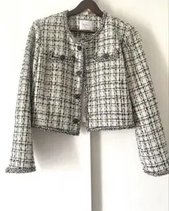 春分セール ツイードジャケット ホワイト ブラック チェック S サイズ