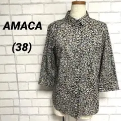 AMACA アマカ　花柄アート　半端袖シャツ　黒　ブラック　油絵フラワー　38