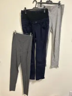 マタニティパンツ レギンス Lサイズ ワッフル スキニーデニム 紺色 グレー