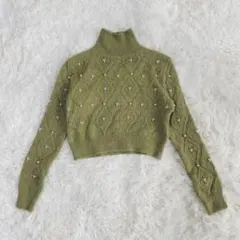 ZARA/ハイネック/ビジュー/ビーズ/グリーン/ショート丈/S