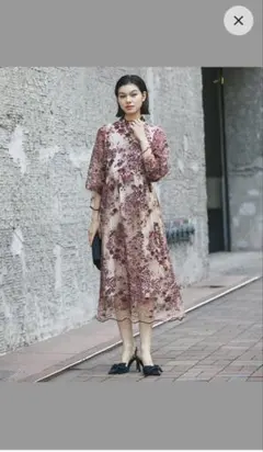 刺繍&スパンコールつきボリューム袖レースドレス