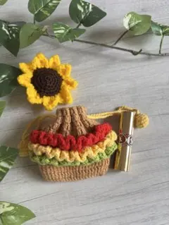 ハンドメイド 手編み ひまわり 巾着袋 ミニポーチ