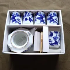 【未使用品】保谷謹製　金彩椿　多面型茶器揃え　急須・湯呑み　箱入り　HOYA