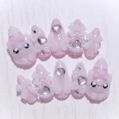 No.693　ネイルチップ 現品 量産型 地雷系 サブカル 平成女児 猫 ピンク