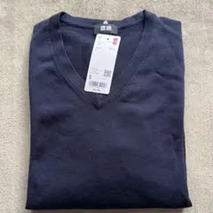 UNIQLO エクストラファインメリノ　Vネックセーター　ネイビー S