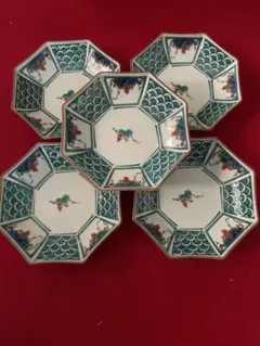 ◉セール！新品　九谷焼 青海波 葡萄　八角鉢　5客セット 銘々鉢　小鉢　窓絵　銘のサムネイル