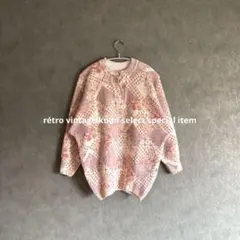 昭和レトロ花柄ニット　アンゴラ　ヴィンテージニット　ドルマンスリーブ　古着コーデ