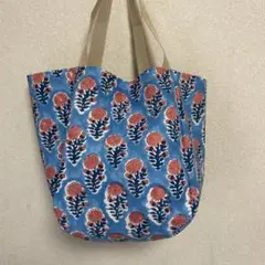 トートバッグ　底がまあるい大きめトートバッグ　ブロックプリントインド生地