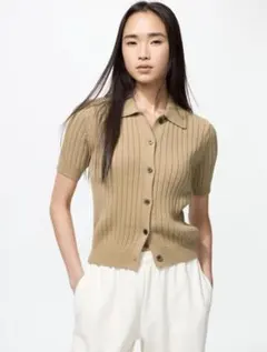 新品未使用 ユニクロ リブポロカーディガン 半袖 ベージュ