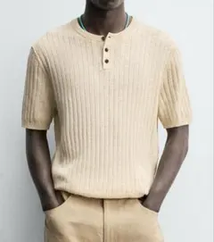 ZARA コットンリネンリブヘンリーネックTシャツ バター Mのサムネイル