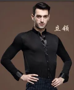 【新品】社交ダンス メンズシャツ 襟なし ノーカラー Yシャツ ブラック M