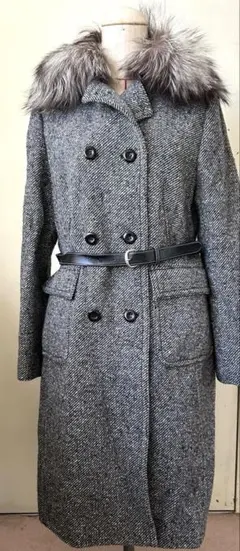 KUMIKYOKU ファー付きグレーツイードロングコート