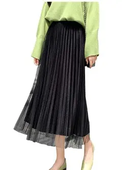 ロング スカート レース チュール 光沢 レイヤード ミモレ丈 サイズM