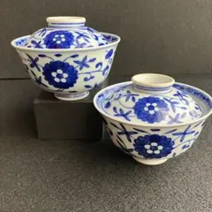 渋草焼　芳国舎　蓋付き飯碗　2客　唐草渕そり御飯茶碗　蓋付き茶碗 飛騨高山